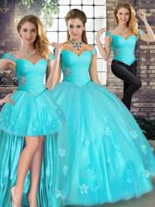  Aqua Blue Lace Up Off The Shoulder Beading and Appliques Quinceanera Gown Tulle Sleeveless