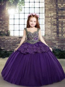 Fashion Purple Sleeveless Floor Length Beading and Appliques Lace Up Little Girl Pageant Gowns