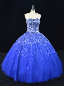  Beading Vestidos de Quinceanera Royal Blue Lace Up Sleeveless Floor Length