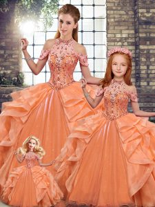  Orange Lace Up Halter Top Beading and Ruffles 15th Birthday Dress Organza Sleeveless