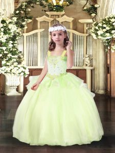 Admirable Sleeveless Floor Length Beading Lace Up Little Girls Pageant Dress with Yellow Green