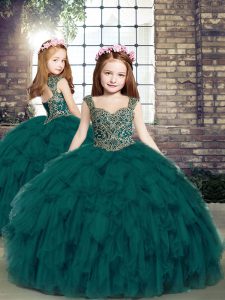  Ball Gowns Kids Pageant Dress Teal Straps Tulle Sleeveless Floor Length Lace Up