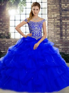 Beautiful Tulle Sleeveless Quince Ball Gowns Brush Train and Beading and Pick Ups
