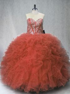 Pretty Rust Red Sleeveless Floor Length Beading and Ruffles Lace Up Ball Gown Prom Dress