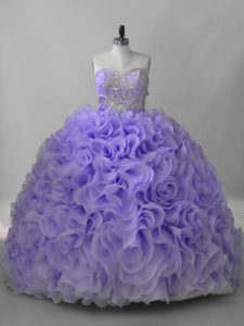  Lavender Fabric With Rolling Flowers Lace Up Sweetheart Sleeveless Sweet 16 Dresses Brush Train Beading