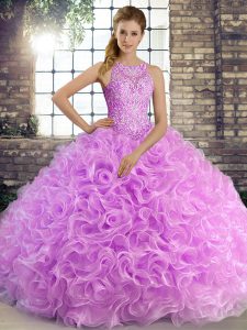  Ball Gowns Quinceanera Dresses Lilac Scoop Fabric With Rolling Flowers Sleeveless Floor Length Lace Up