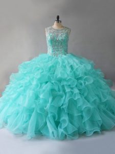  Sleeveless Floor Length Beading and Ruffles Lace Up Quince Ball Gowns with Aqua Blue