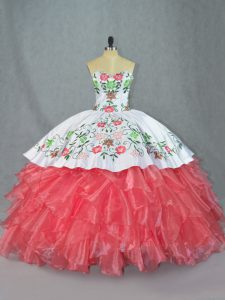 Trendy Watermelon Red Ball Gowns Embroidery and Ruffles Ball Gown Prom Dress Lace Up Satin and Organza Sleeveless