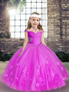  Sleeveless Beading and Hand Made Flower Lace Up Little Girl Pageant Gowns