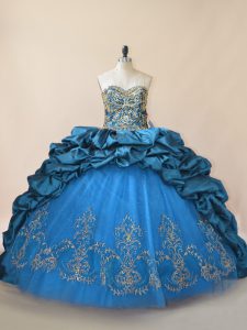 Fine Blue Sweetheart Lace Up Beading and Pick Ups Quinceanera Gown Brush Train Sleeveless