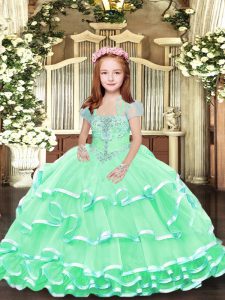 Custom Made Straps Sleeveless Lace Up Little Girls Pageant Gowns Apple Green Tulle