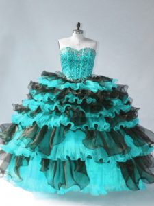 Inexpensive Floor Length Blue And Black Quinceanera Gowns Sweetheart Sleeveless Lace Up