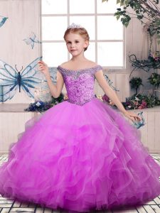  Floor Length Lilac Kids Pageant Dress Tulle Sleeveless Beading and Ruffles