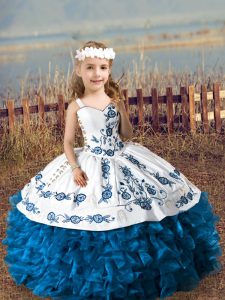  Sleeveless Floor Length Embroidery and Ruffles Lace Up Little Girl Pageant Gowns with Blue