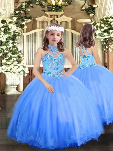  Blue Kids Pageant Dress Party and Sweet 16 and Wedding Party with Appliques Halter Top Sleeveless Lace Up