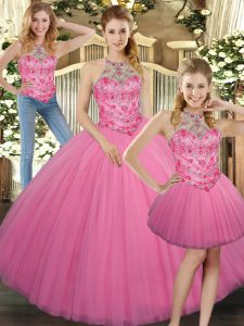 Great Rose Pink Halter Top Neckline Embroidery 15 Quinceanera Dress Sleeveless Lace Up
