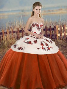 Fitting Rust Red Sleeveless Floor Length Embroidery and Bowknot Lace Up Quince Ball Gowns