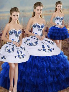  Royal Blue 15 Quinceanera Dress Military Ball and Sweet 16 and Quinceanera with Embroidery and Ruffled Layers and Bowknot Sweetheart Sleeveless Lace Up