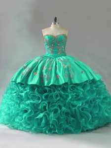 Clearance Green Lace Up Sweet 16 Dress Embroidery and Ruffles Sleeveless Court Train