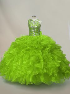  Sleeveless Lace Up Floor Length Ruffles and Sequins 15th Birthday Dress