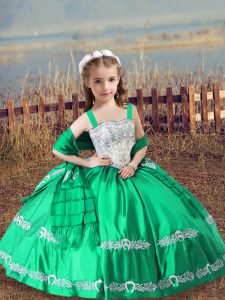 Sleeveless Satin Floor Length Lace Up Little Girl Pageant Dress in Turquoise with Beading and Embroidery
