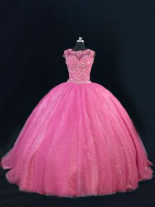 Trendy Sleeveless Floor Length Beading and Lace and Sequins Lace Up Sweet 16 Dresses with Hot Pink