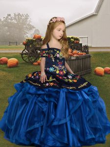  Blue Lace Up Straps Embroidery and Ruffles Girls Pageant Dresses Organza Sleeveless