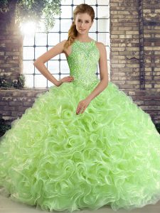 Decent Scoop Sleeveless Quinceanera Gowns Floor Length Beading Fabric With Rolling Flowers