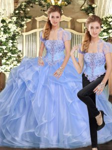 Flare Floor Length Lavender Quince Ball Gowns Organza Sleeveless Beading and Ruffles