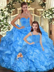 High End Baby Blue Ball Gowns Organza Sweetheart Sleeveless Ruffles Floor Length Lace Up Sweet 16 Dress