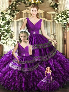 Custom Made Purple V-neck Neckline Beading and Embroidery and Ruffles 15 Quinceanera Dress Sleeveless Backless