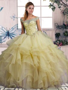  Ball Gowns Quinceanera Gown Yellow Off The Shoulder Organza Sleeveless Floor Length Lace Up