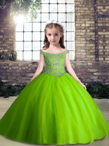 Off The Shoulder Sleeveless Little Girl Pageant Dress Floor Length Beading Green Tulle
