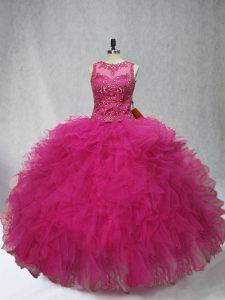 Cute Floor Length Fuchsia Quinceanera Gowns Scoop Sleeveless Lace Up