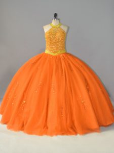 Customized Halter Top Sleeveless Tulle Quince Ball Gowns Beading Lace Up
