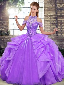  Halter Top Sleeveless Ball Gown Prom Dress Floor Length Beading and Ruffles Lavender Organza