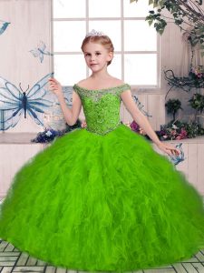  Ball Gowns Tulle Off The Shoulder Sleeveless Beading and Ruffles Floor Length Lace Up Girls Pageant Dresses