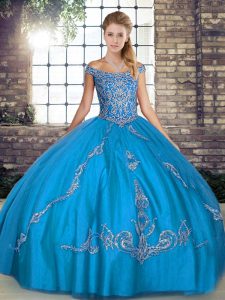  Off The Shoulder Sleeveless Tulle Quince Ball Gowns Beading and Embroidery Lace Up