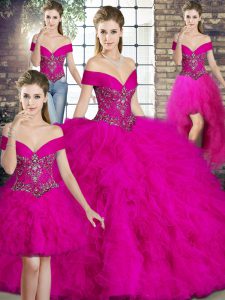 Nice Fuchsia Off The Shoulder Neckline Beading and Ruffles Quinceanera Dress Sleeveless Lace Up