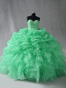 Glittering Apple Green Lace Up 15th Birthday Dress Beading and Ruffles and Pick Ups Sleeveless Floor Length