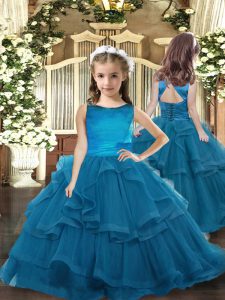  Floor Length Teal Little Girls Pageant Gowns Tulle Sleeveless Ruffled Layers
