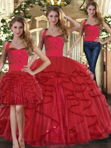  Red Lace Up Sweet 16 Dresses Ruffles Sleeveless Floor Length