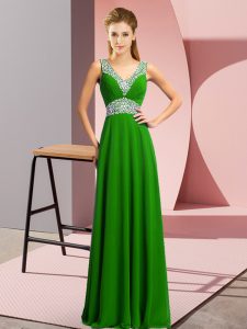  V-neck Sleeveless Evening Dress Floor Length Beading Green Chiffon