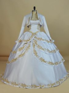 Sumptuous White Ball Gowns Straps Sleeveless Satin Floor Length Lace Up Embroidery Quince Ball Gowns