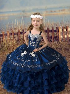 Wonderful Navy Blue Sleeveless Embroidery and Ruffled Layers Floor Length Little Girls Pageant Dress Wholesale