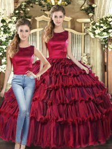 Best Wine Red Lace Up Scoop Ruffled Layers Quinceanera Dress Organza Sleeveless