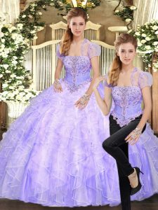 Captivating Lavender Two Pieces Strapless Sleeveless Tulle Floor Length Lace Up Beading and Appliques and Ruffles Sweet 16 Dress