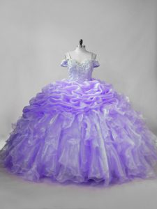 Trendy Lavender Organza Lace Up Straps Sleeveless Vestidos de Quinceanera Brush Train Beading and Ruffles and Pick Ups