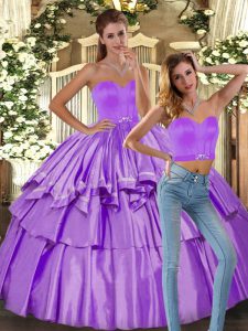 Trendy Lilac Satin Backless Sweetheart Sleeveless Floor Length Vestidos de Quinceanera Ruffled Layers