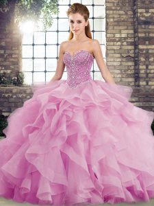 Inexpensive Lilac Quinceanera Dresses Military Ball and Sweet 16 and Quinceanera with Beading and Ruffles Sweetheart Sleeveless Brush Train Lace Up
